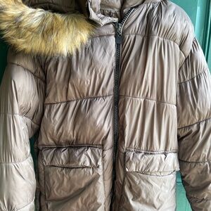 Brown Puffer Jacket with Faux Fur Hood